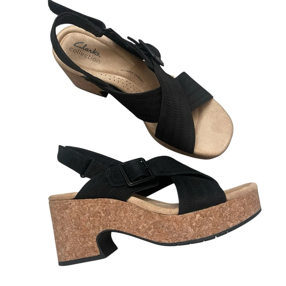 Clark’s Collection Nerisa West Black Cork Platform Heel Sandals Women’s Size 8.5